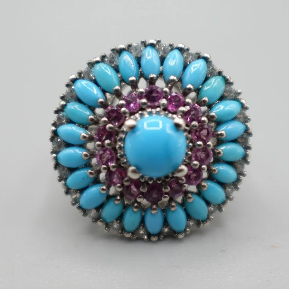 Vintage Sterling Silver Turquoise Cluster Ring Womens Size 8 Blue Pink Statement